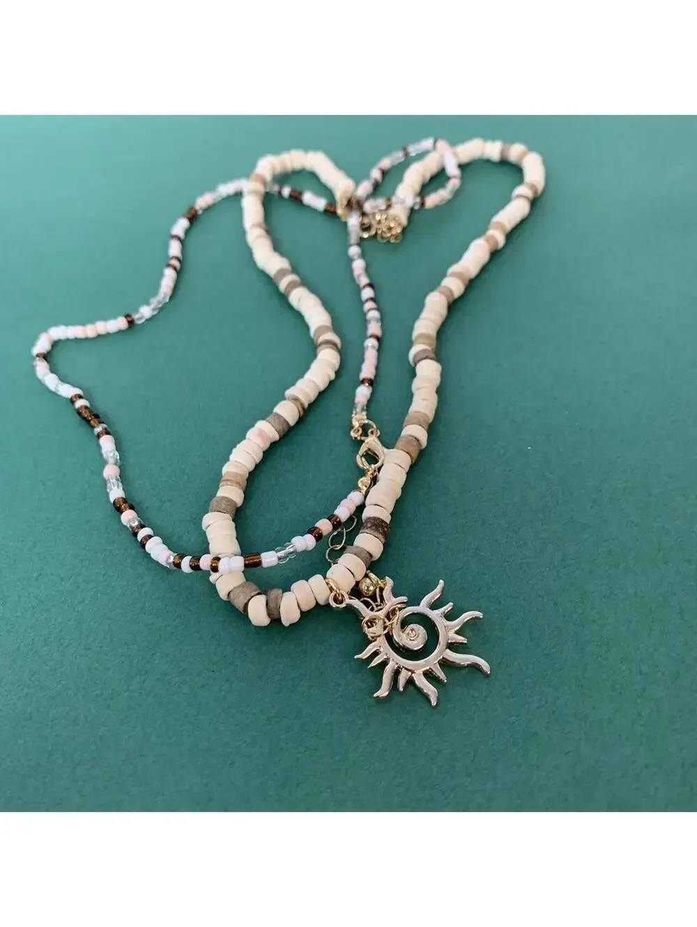 Y2k 2000s style Wood Beaded double layer Necklace with Cyber Star Sun Pendant